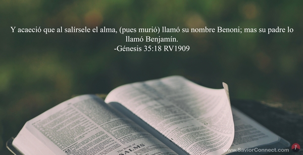 Gênesis 35:18 ACF - E aconteceu que, saindo-se-lhe a alma (porque morreu),  chamou-lhe Benoni; mas seu pai chamou-lhe Benjamim. - Bíblia Online